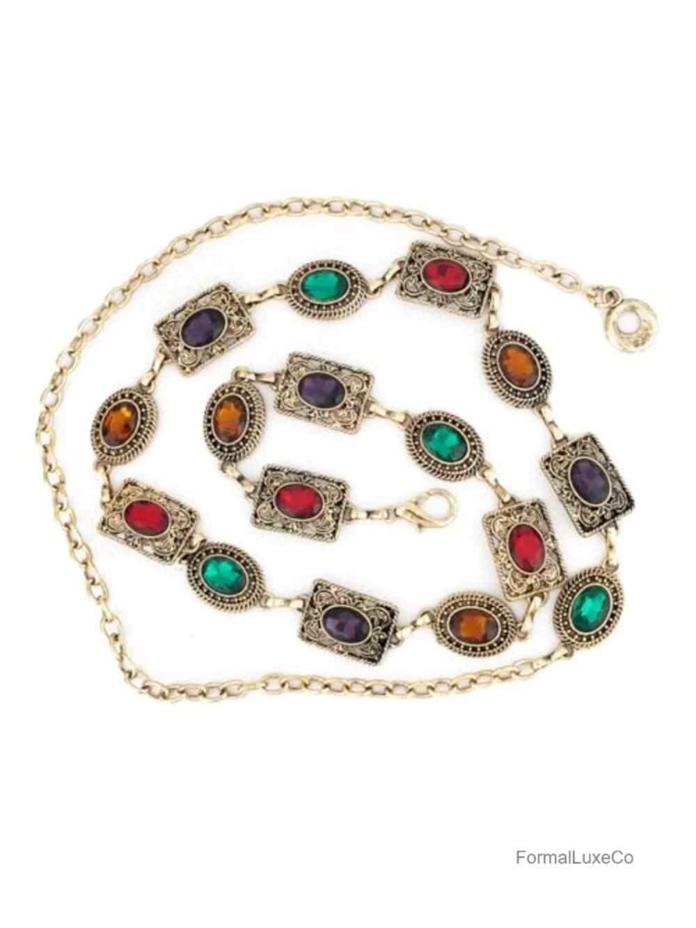 Metal Chain Belt with Rhinestone Oval Pattern - Adjustable Waist Belt for